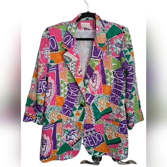 Vtg JORDANA USA colorful blazer lined shoulder pads lightweight abstract funky L - Picture 3 of 11